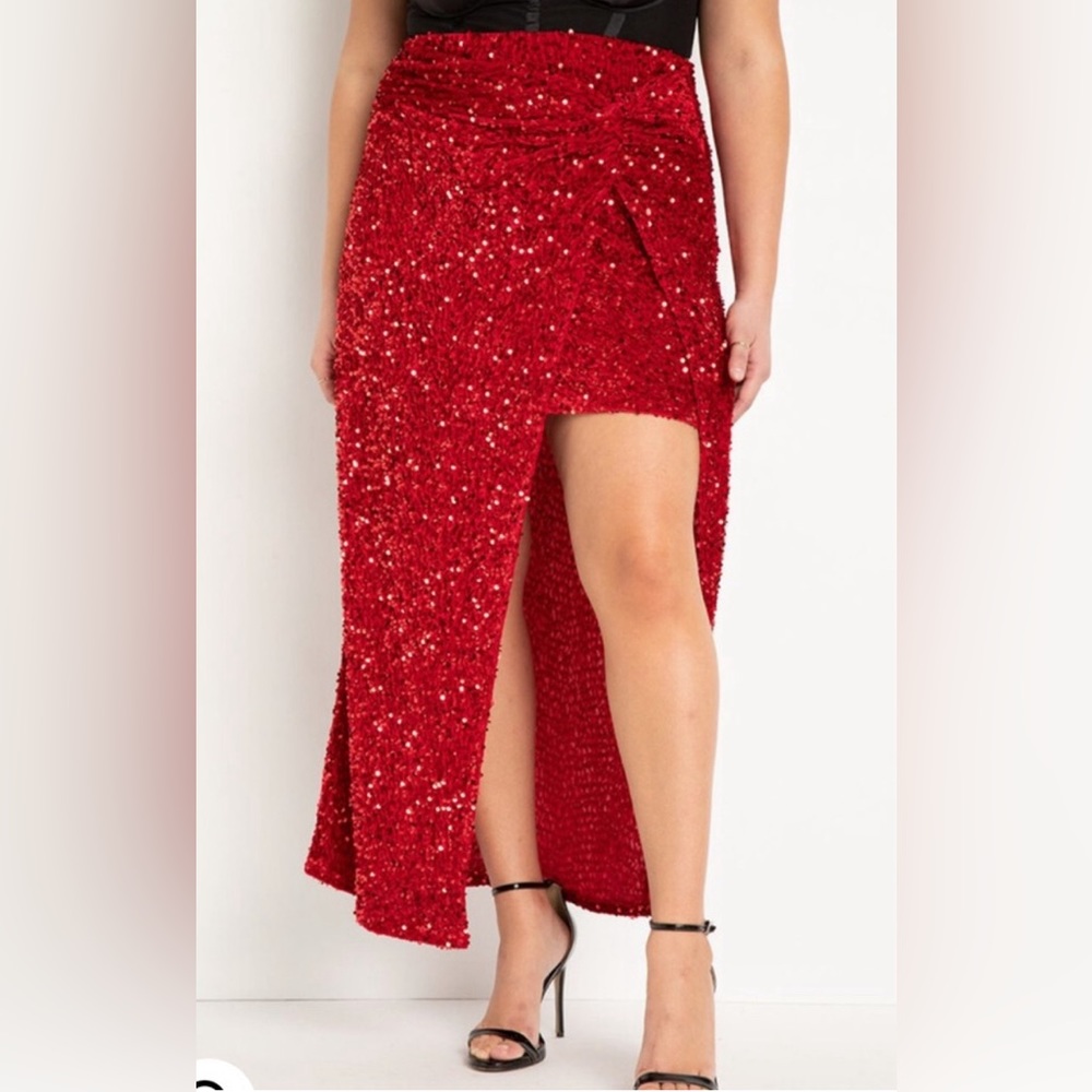 Eloquii NWT Sz 14 Twist Detail Sequin Maxi Skirt Sexy Red Asymmetric Short Long
